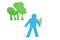 A blue stick figure holding a leaf representing concept of nature perseverance over white background