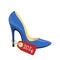 Blue stiletto shoe with price tag on white