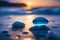 Blue stones along the serene seashore, creating a harmonious composition