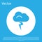 Blue Storm icon isolated on blue background. Cloud and lightning sign. Weather icon of storm. White circle button