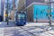 Blue streetcar in downtown Atlanta, USA