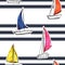 Blue stripe with hand drawn sailboats seamless pattern nautical mood ,Design for fashion , fabric, textile, wallpaper, cover, web