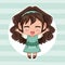 Blue striped color background with circular frame and cute anime girl wink expression open arms with curly hairstyle