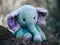 A blue stuffed elephant sitting on top of a pile of leaves. Generative AI image.