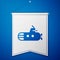 Blue Submarine icon isolated on blue background. Military ship. White pennant template. Vector