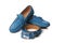 Blue suede man`s moccasins shoes isolated on white