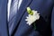 Blue suit and groom boutonniere of white chrysanthemums