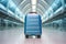 A blue suitcase is sitting in a hallway. Generative AI image.