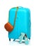 The blue suitcase, sneakers, handbag on white background.