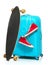 The blue suitcase, sneakers, skateboard on white background.