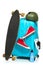 The blue suitcase, sneakers, skateboard on white background.