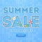 Blue summer sale banner. Top view on summer decoration with girl, pool and objects. Concept of seasonal vacation