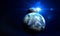 Blue sunrise and shadow on the two earth rotate in space with star in universe. World realistic atmosphere 3D volumetric clouds