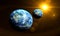 Blue sunrise and shadow on the two earth rotate in space with star in universe. World realistic atmosphere 3D volumetric clouds