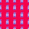 Blue Sunscreen spray bottle icon isolated seamless pattern on red background. Protection for the skin from solar