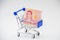 Blue supermarket cart with money on a white background