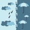 Blue surface pattern with umbrellas, clouds and rain in cool soft palette colors. Fabric, wallpaper, wrapping design