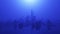 Blue Surreal 3D Looping Cityscape Flooded with Water In Hazy Fog Background