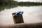 Blue swimming googles on a wooden pole with large lake in background