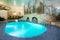 Blue swimming pool in modern spa interior