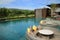 Blue swimming pool and sofa outdoor resort on mountain landscap
