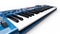 Blue synthesizer MIDI keyboard on white background. Synth keys close-up. 3d rendering