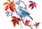 Blue Tanagra bird on wild grapes, watercolor illustration