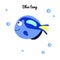 Blue tang Cartoon fish with water bubbles. character smiling happily of sea animal Print for clothes, baby shower decoration.