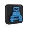 Blue Taxi car icon isolated on transparent background. Black square button.