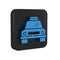 Blue Taxi car icon isolated on transparent background. Black square button.