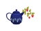 Blue teapot with strawberries on white background.