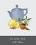 Blue teapot, transparent glass cup, tea leaves, flowers and fresh lemon fruit on gray background. Delicious citrus drink