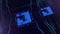 Blue technological background, circuit board and code on dark blue background. Animation. Abstract micro chip, cyber