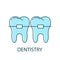 Blue teeth with braces icon. Thin line art template for dentistry logo. Color outline illustration. Contour hand drawn isolated