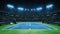 Blue tennis court and illuminated indoor arena with fans, upper front view