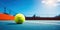 Blue Tennis Court With Yellow Tennis Ball Closeup. Sports Game Match At Sunny Day, Blue Sky On Background. AI generated