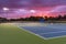 Blue tennis courts with pickleball lines with lights turned on in the evening.