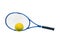 Blue tennis racket and yellow ball isolated white