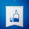 Blue Tequila bottle and shot glass icon isolated on blue background. Mexican alcohol drink. White pennant template