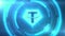 Blue Tether symbol on space background with HUD elements. Seamless loop.