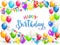 Blue text Happy Birthday with balloons and multicolored confetti