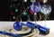 Blue theme Christmas table setting in front of Christmas Tree