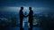 Blue-themed handshake, Global business silhouettes meet in finance city
