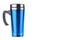 Blue thermo flask on white background