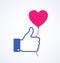 Blue thumb up icon with pink heart balloon. Valentine`s day card concept.