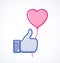 Blue thumb up icon with pink heart balloon. Valentine`s day card concept. Valentines day icon