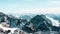 Blue tinted high rocky mountain landscape. Beautiful scenic view of mount. Alps ski resort. Austria, Stubai, Stubaier Gletscher