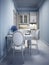 Blue tiny kitchen with classic white furniture