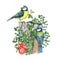 Blue tit birds on the mossy stump. Forest nature image. Watercolor illustration. Hand drawn wildlife scene decor. Couple