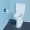 Blue toilet room with white ceramic toilet bowl.